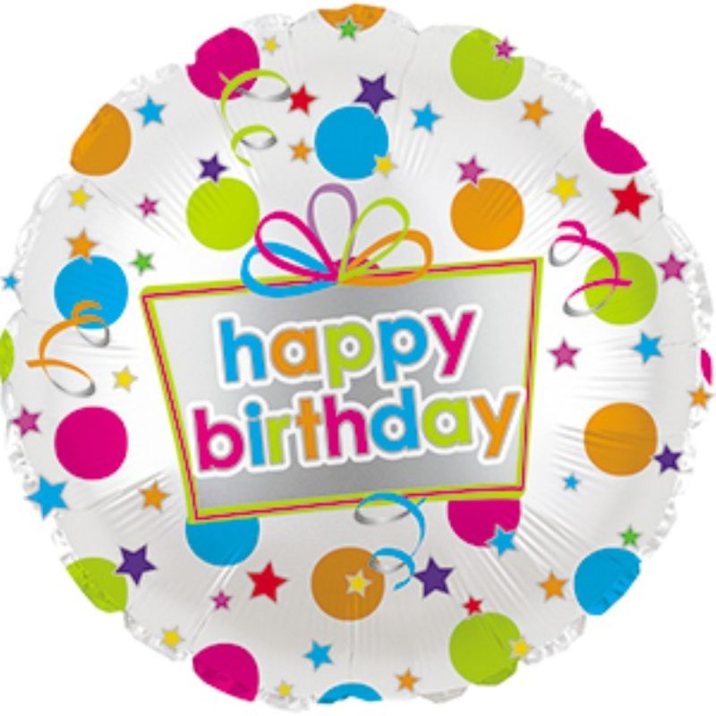 Colorful 17" Happy Birthday foil balloon with a cheerful polka dot design, perfect for festive birthday celebrations.