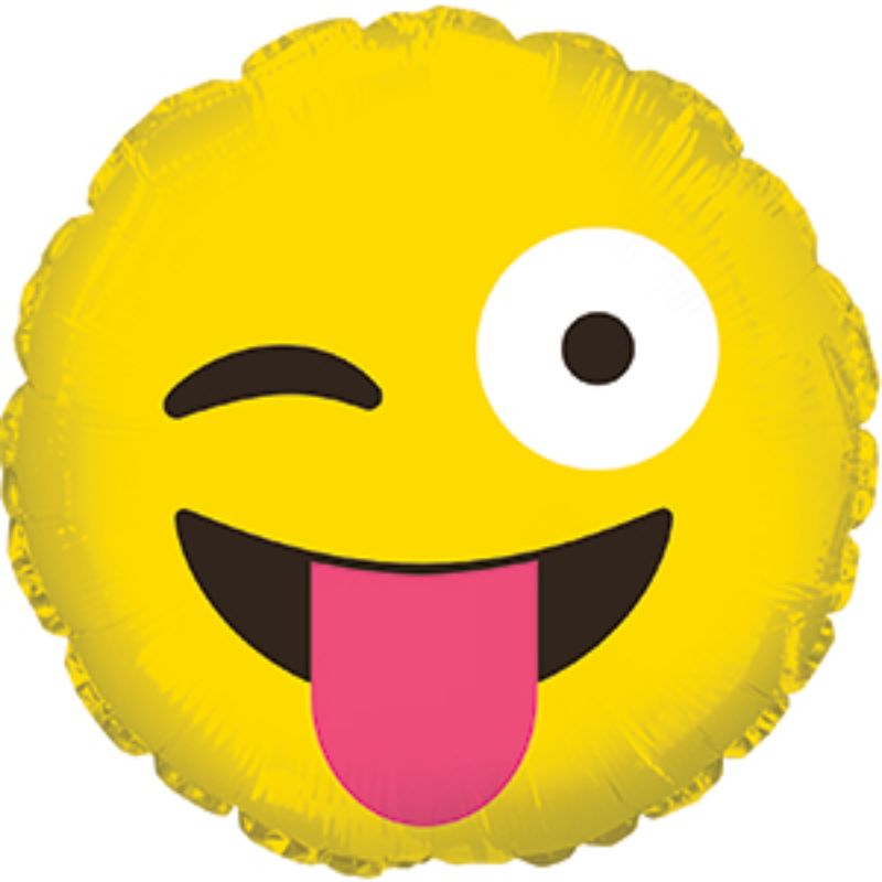 Air-filled 9" balloon featuring a playful emoticon with a wink and tongue-out expression, perfect for parties and celebrations.