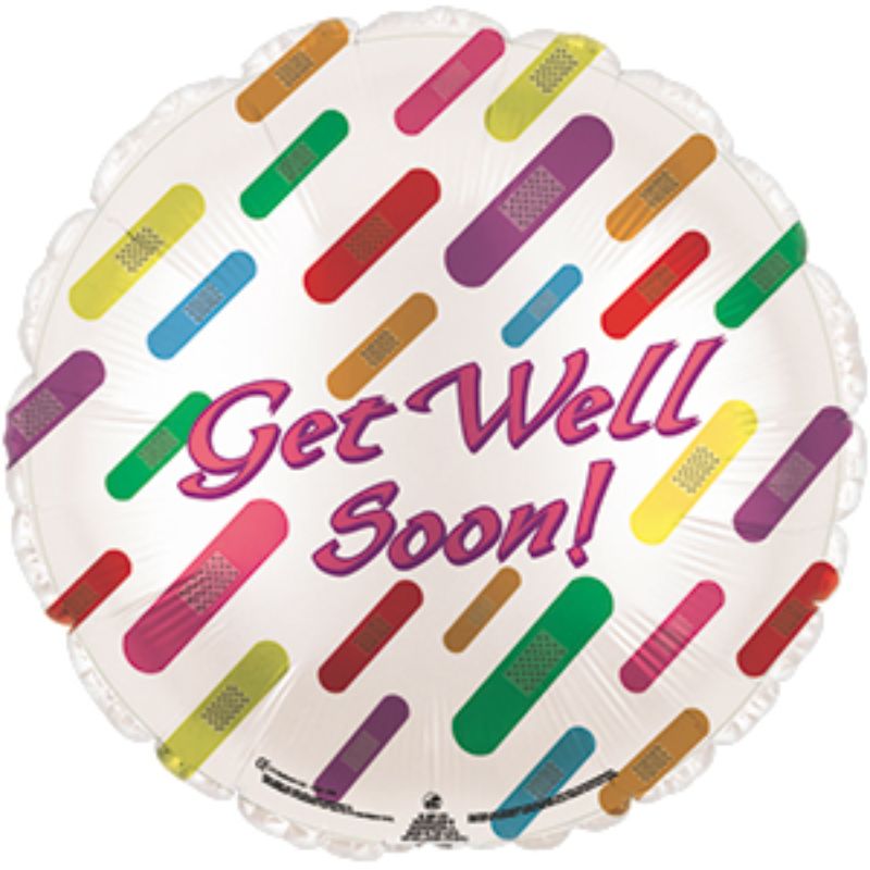 Bright 9" get well balloon featuring a joyful design, perfect for cheering up someone in recovery. Cup and stick included.