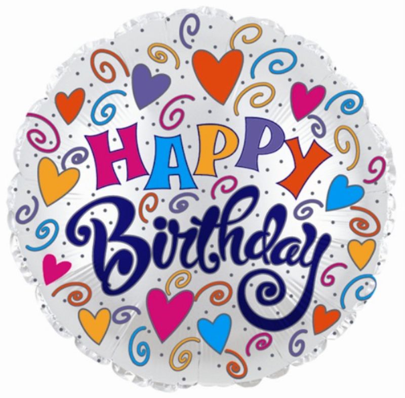 Colorful 9" air-filled birthday balloon with hearts and swirls, perfect for festive decorations and party themes.