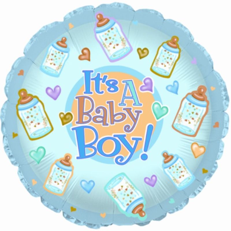 Air-filled baby boy bottle balloons (9") for charming party decor at baby showers and gender reveals.
