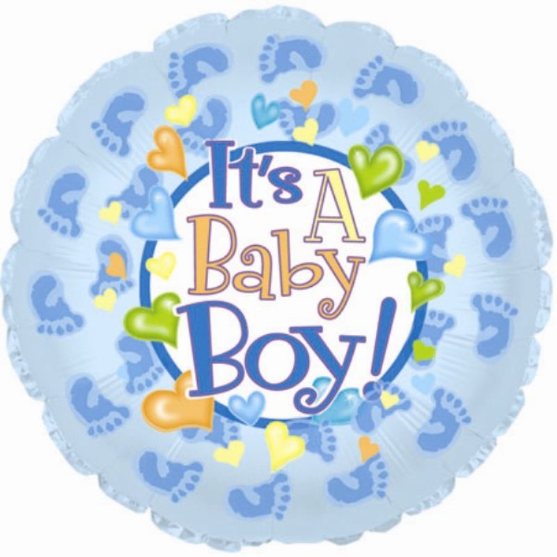 Air-filled 9" balloon featuring baby boy footsie patterns, perfect for celebrations and easy to hang with included cup and stick.