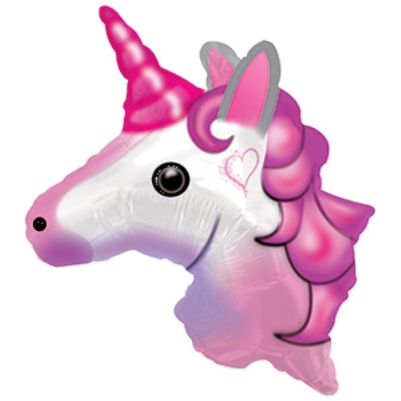 Colorful air-filled 10" unicorn balloon with emoticon design, perfect for festive celebrations and party decorations.