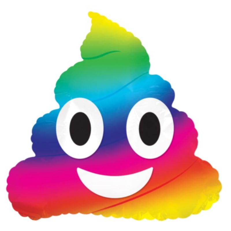 Air-filled 9" rainbow poop emoticon balloon, perfect for fun party decor and cheerful celebrations. Includes cup and stick for display.