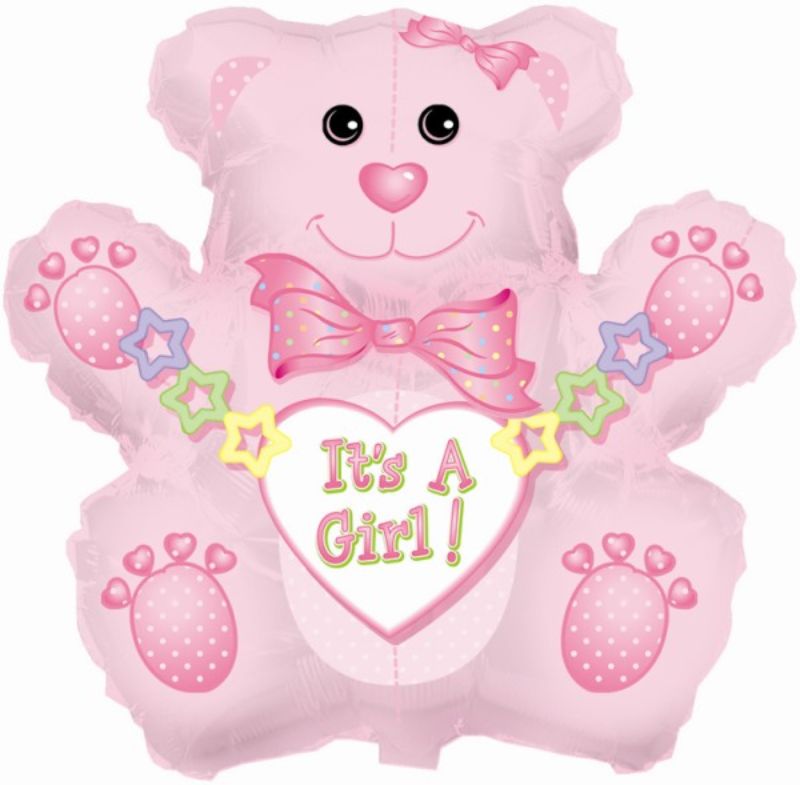 Air-filled 14" balloon featuring an adorable bear design, perfect for celebrating a baby girl at showers or gender reveals.