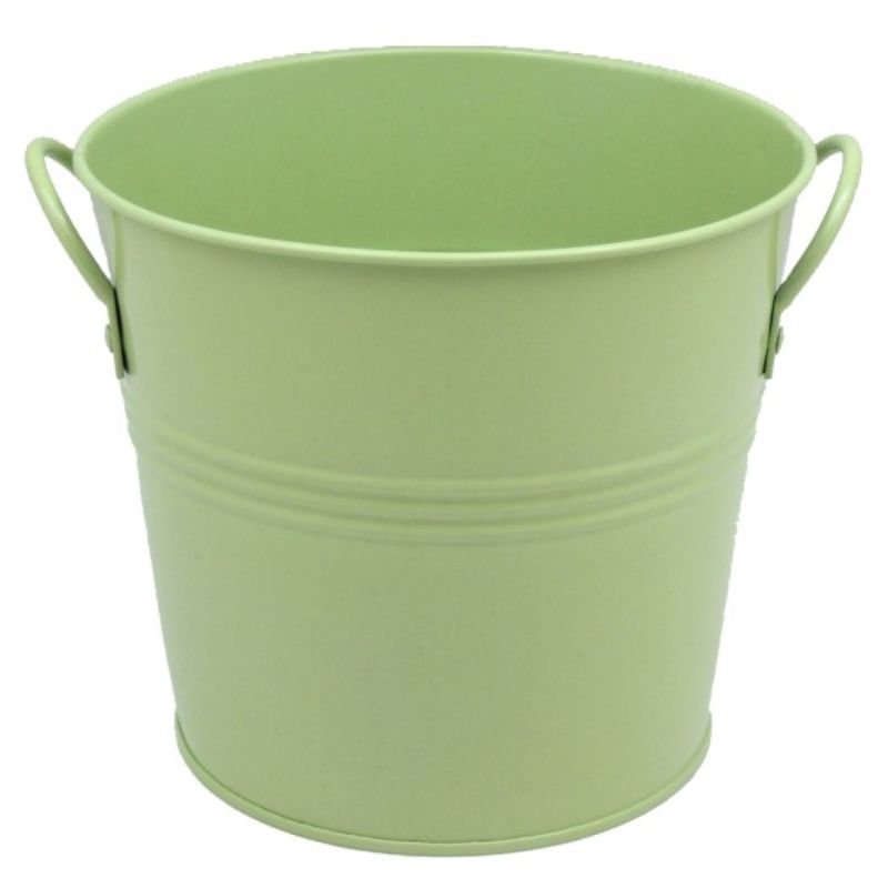 Stylish 15cm avocado metal bucket with two handles, perfect for storage or as a decorative planter.