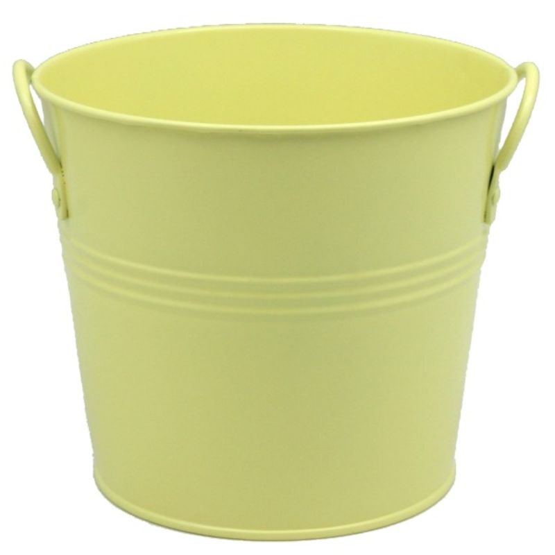 Vibrant lemon-colored metal bucket (15cm), perfect for planting or storage, featuring two sturdy handles.