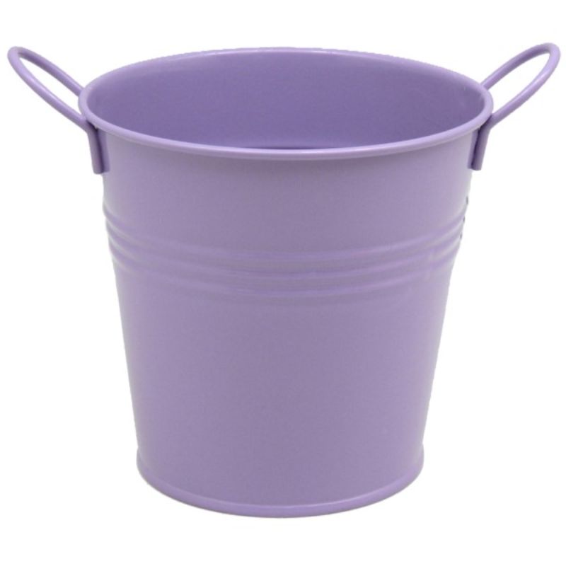 Lavender metal bucket with handles, 10.8cm size, perfect for decor, storage, or planting flowers in style.