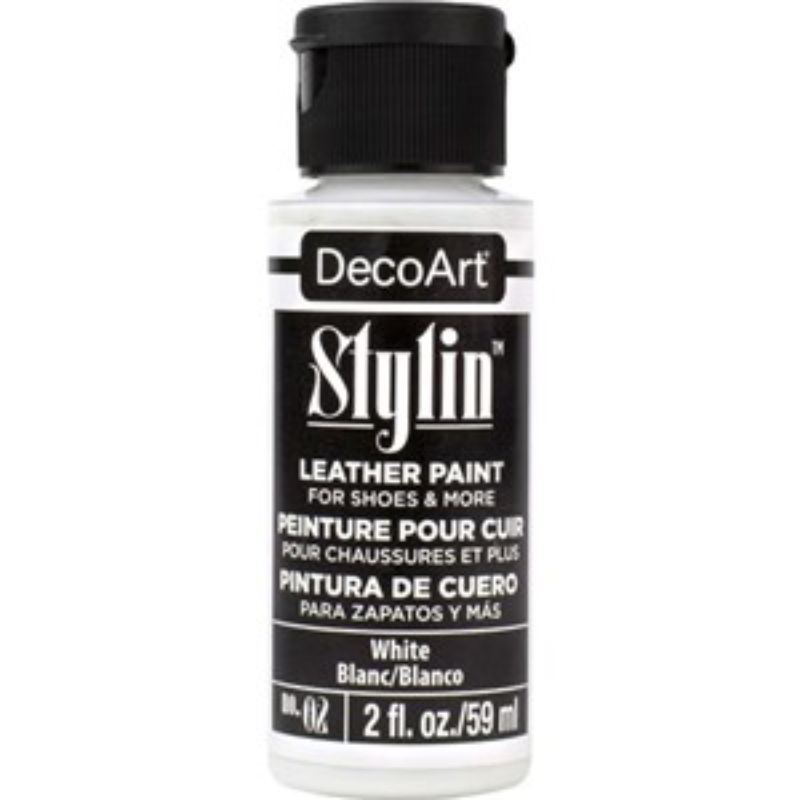 DecoArt Stylin 2oz White fabric paint for versatile DIY projects on leather and canvas, offering a durable, flexible finish.
