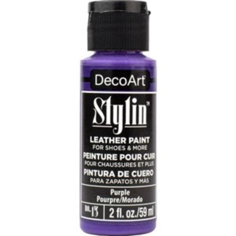 Vibrant purple acrylic paint for customizing leather, canvas, and synthetic surfaces, ensuring durability and seamless finish.