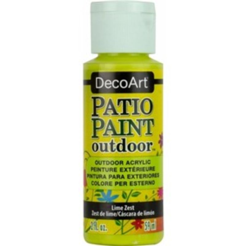 Vibrant Lime Zest patio paint in a 2oz bottle, perfect for refreshing outdoor spaces and furniture with a weather-resistant finish.