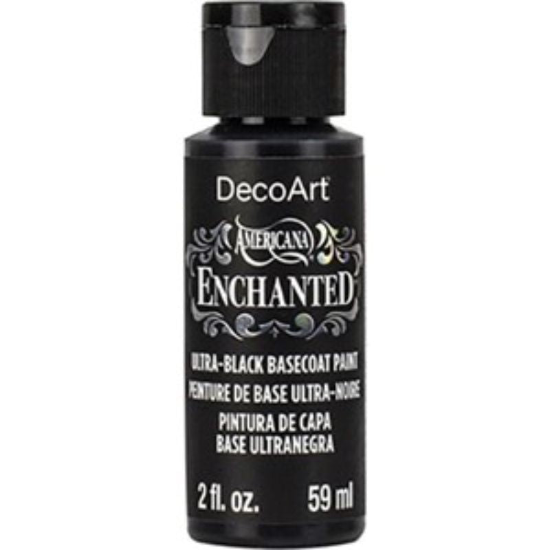 Decoart Enchanted 2oz Ultra Black Base for vibrant color-shifting art, ideal for multiple surfaces and quick-drying projects.