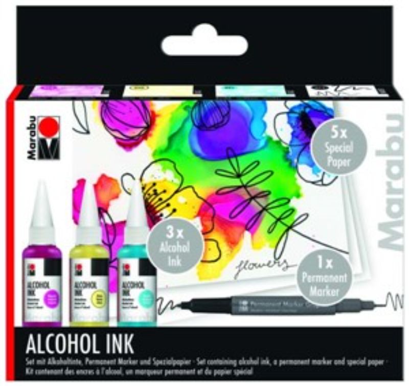 Marabu Alcohol Ink Set Flowers, featuring vibrant colors for pouring techniques on non-absorbent surfaces with sparkling effects.