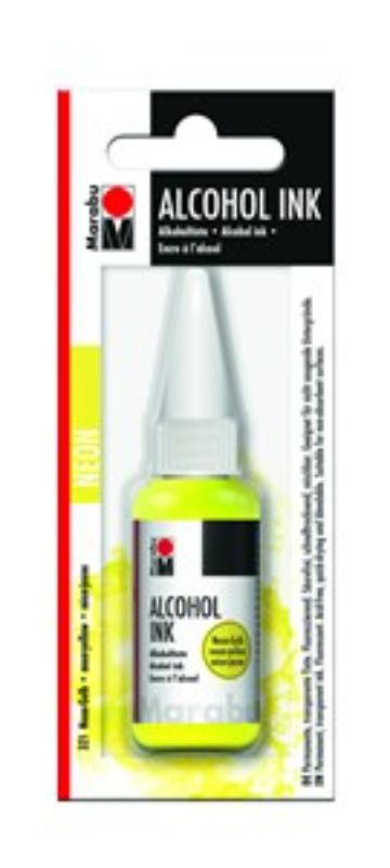 A bottle of Neon Yellow Marabu Alcohol Ink, perfect for vibrant art on non-absorbent surfaces, 20ml size.
