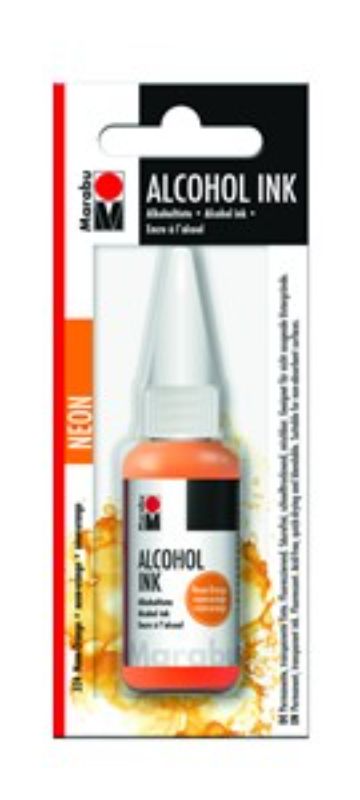 Bright neon orange Marabu Alcohol Ink in a 20ml bottle, perfect for vibrant art on non-absorbent surfaces.