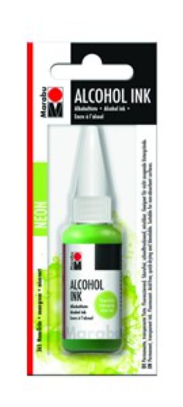 Vibrant 20ml bottle of Marabu Neon Green Alcohol Ink, ideal for fluid art on non-absorbent surfaces with a quick-drying formula.