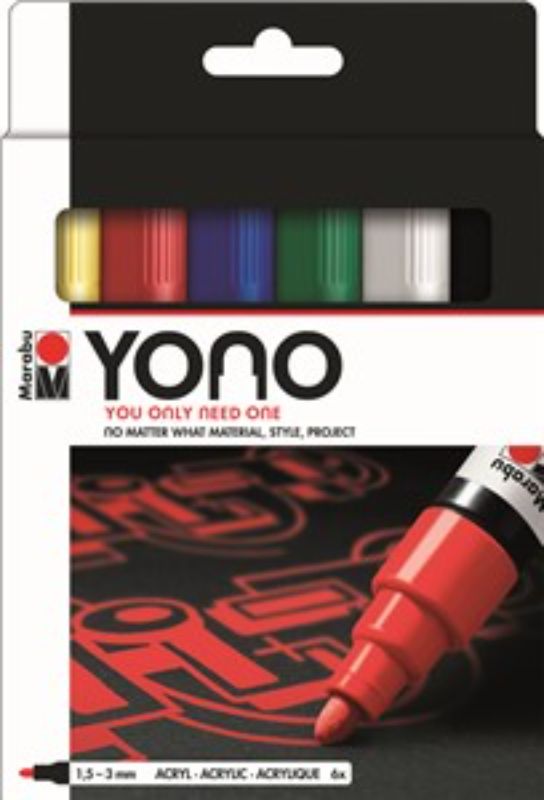 Marabu Yono Set of 6 Bullet Markers for vibrant, versatile artistry on various surfaces, featuring water-based, light-fast colors.