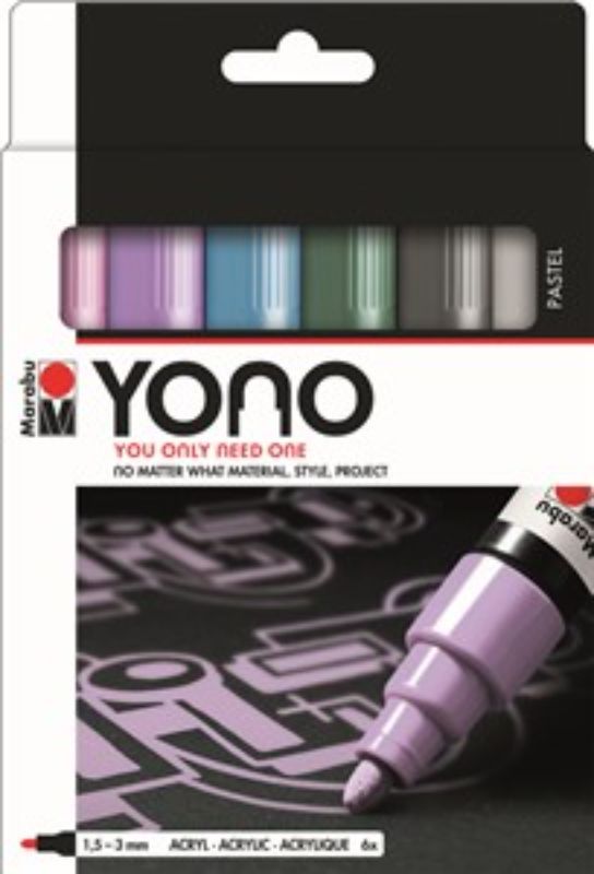 Marabu Yono Set 6 Bullet Pastel markers in soft shades, ideal for drawing and crafting with precise, vibrant colors.