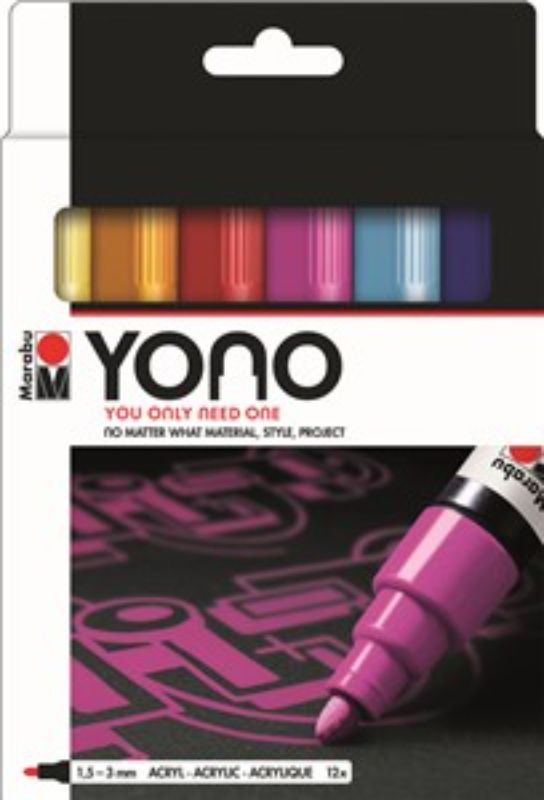 Set of 12 Marabu Yono Bullet Markers in vibrant matte colors, ideal for diverse surfaces and artistic projects.
