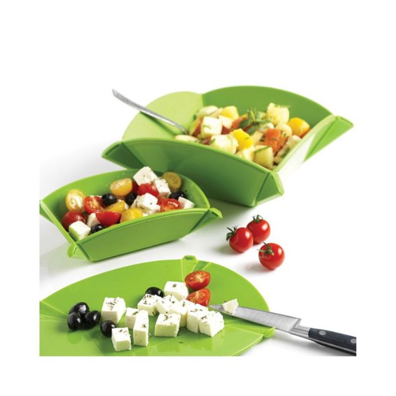 Set of 2 versatile ORIGAMI BOARDS in green, transforming from cutting boards to bowls with built-in clips, non-slip base.