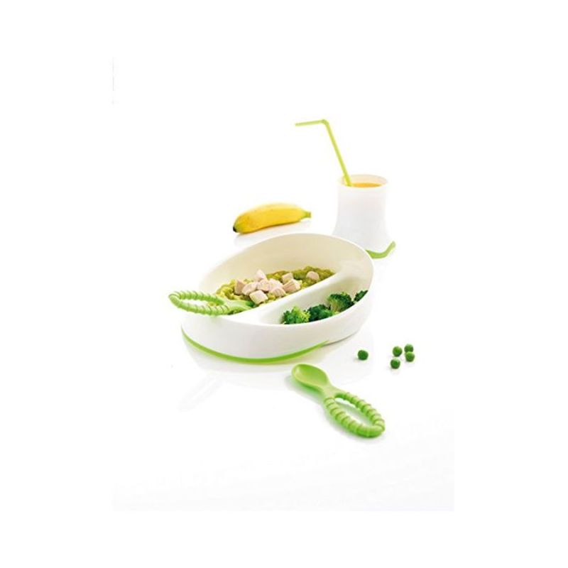 Charming green gift set for toddlers: plate with compartments, beaker-style cup, and rounded fork/spoon for safe mealtime.