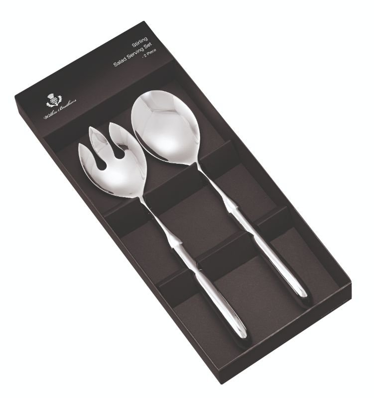 Elegant Wilkie Pistol 2 Piece Salad Serving Set with stainless steel fork and spoon, featuring unique pistol handles for stylish serving.