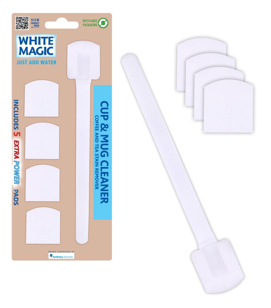 Eco-friendly White Magic Cup and Mug Cleaner with super fine fibers and 20cm ergonomic handle for effortless stain removal.