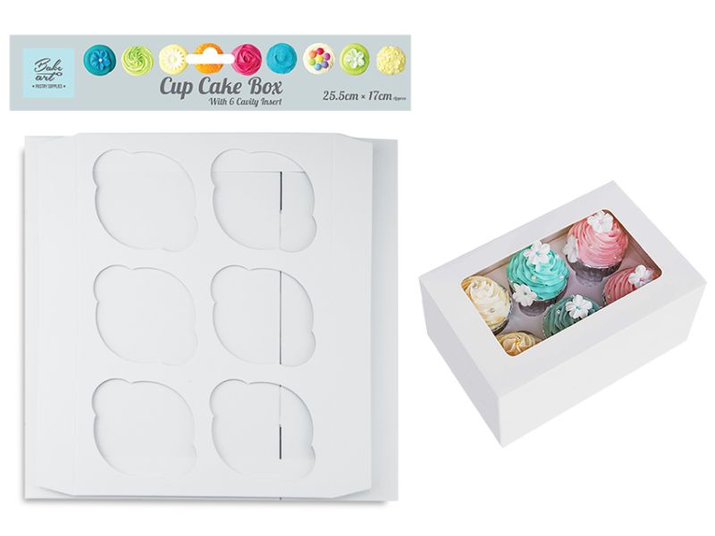 White cupcake box holding 6 cakes, perfect for transport and display, available in bulk sets of 24 units.