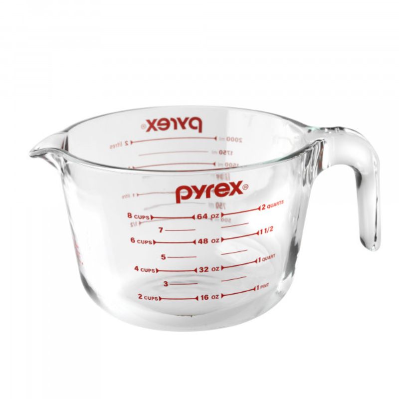 Pyrex 8 Cup Measuring Jug 2L, durable tempered glass, easy-to-read measurements, ergonomic handle, microwave and dishwasher safe.