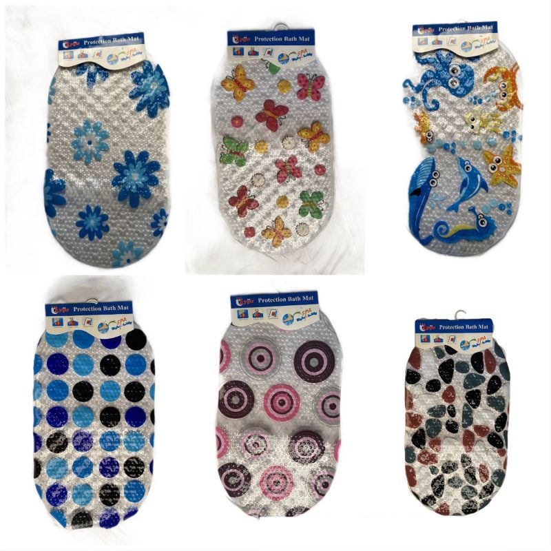 Set of 3 assorted bath mats, 68x37cm, featuring vibrant designs for comfort, grip, and easy maintenance.
