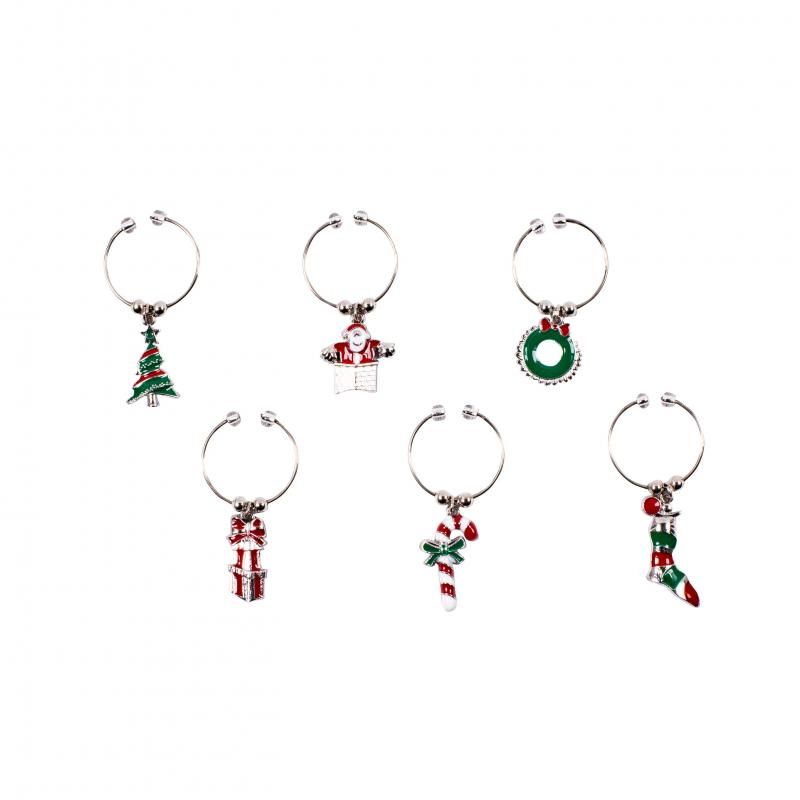 Set of 6 enamelled Christmas wine charms featuring festive designs for easy identification of guests' glasses.