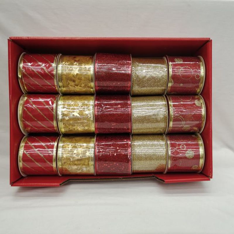 A vibrant box of 15 assorted Xmas ribbons, perfect for gift wrapping and holiday decorating with colorful designs.