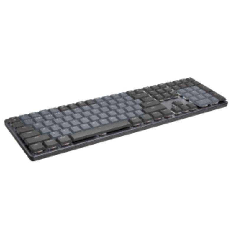 Logitech MX Mechanical Wireless Keyboard with illuminated keys, low-profile design, and multi-device connectivity.