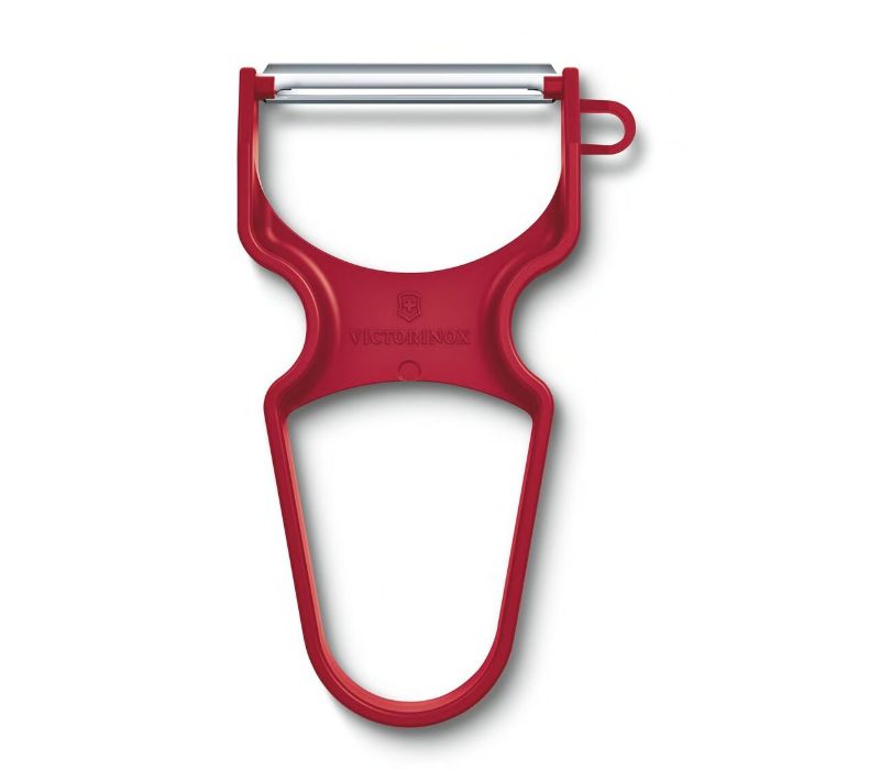 Victorinox Red Rex Peeler with ergonomic handles and pivoting blade for easy fruit and vegetable peeling, dishwasher safe.