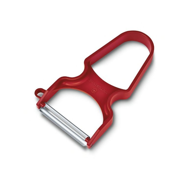 Victorinox Red Rex Peeler with ergonomic handles and pivoting blade, perfect for efficient peeling of fruits and vegetables.