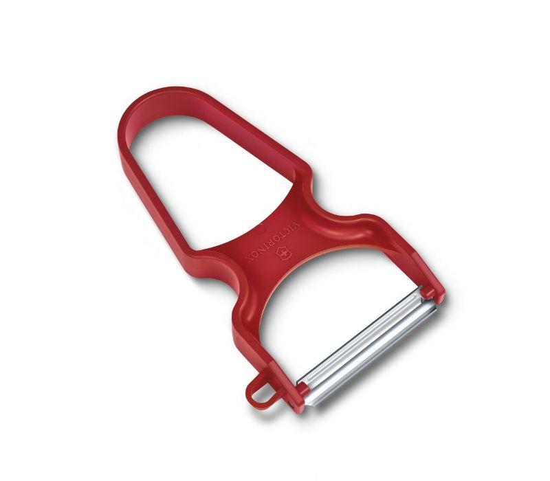 Victorinox Red Rex Peeler with ergonomic handles, pivoting blade, and vibrant red design for comfortable peeling.