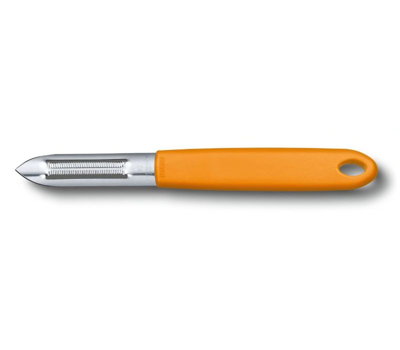Victorinox orange serrated edge peeler with ergonomic handle, ideal for peeling tomatoes and kiwis effortlessly.