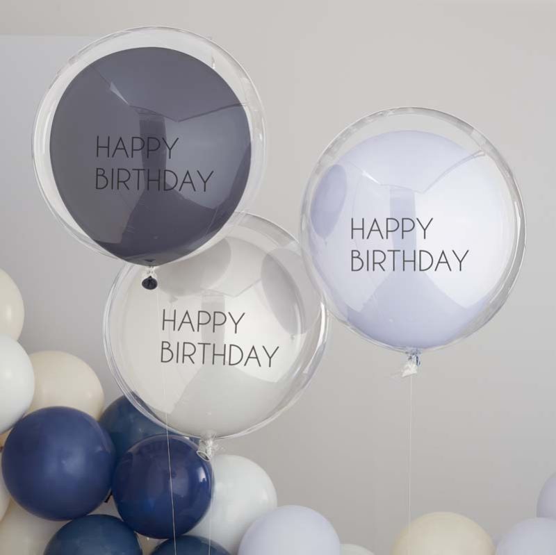 Mix it Up - Blue & Grey Double Layered Happy Birthday Balloon Bundle