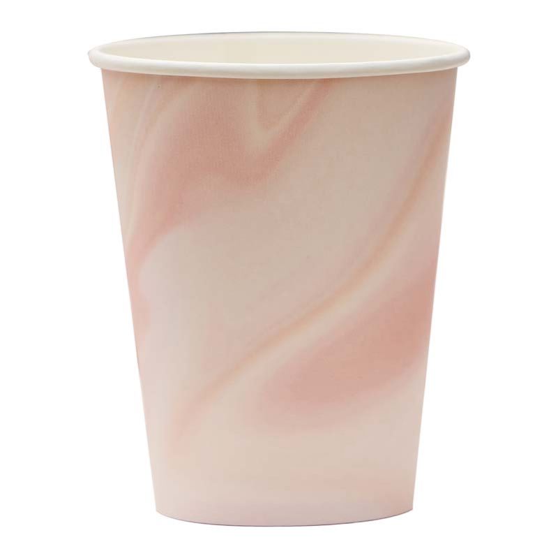 Pink marble print paper cups for parties, holds 9oz, eco-friendly, stylish design, perfect for hot and cold beverages.