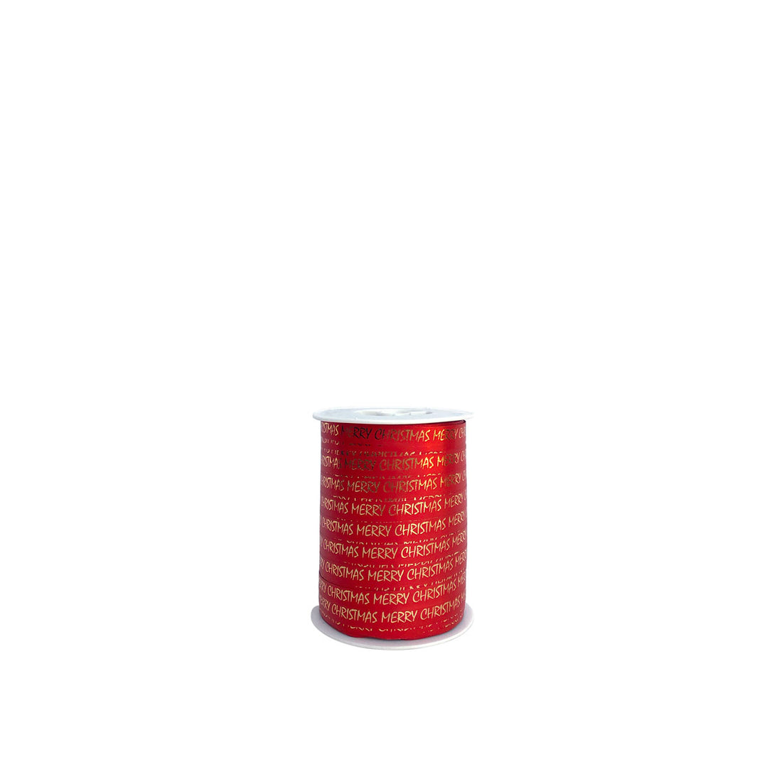 Vibrant red 10mm x 250m Merry Xmas ribbon, perfect for festive gift wrapping and holiday decorating. Sustainable materials used.