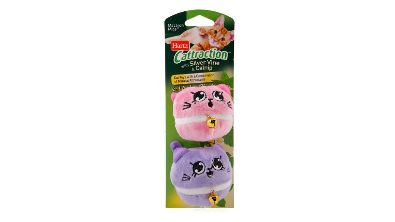 Plush pastel macaron mice filled with silver vine and catnip, featuring jingly bells for interactive feline playtime.