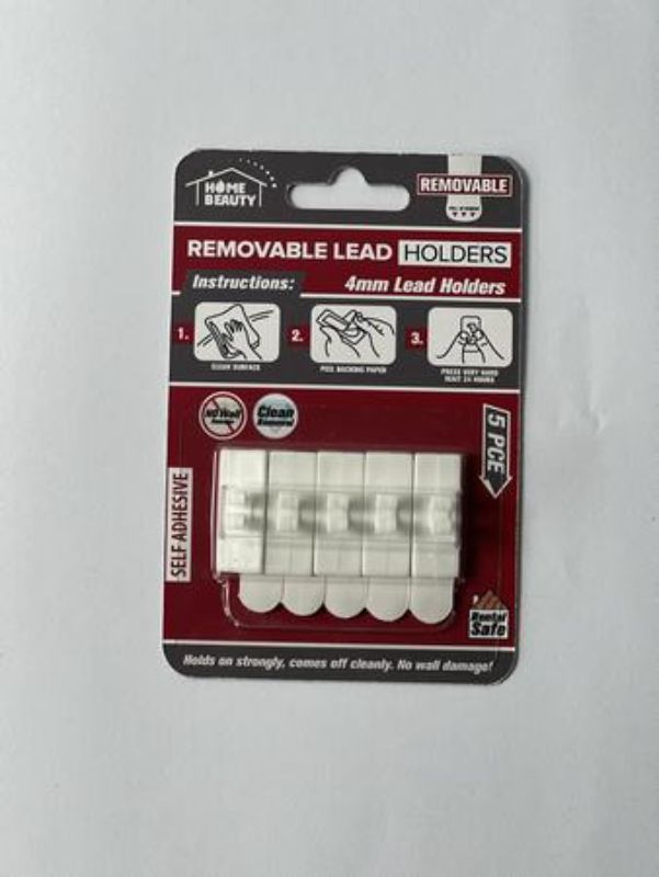 Self-adhesive lead holds for cable organization; 4mm removable, no wall damage, 12 packs of 5 pieces each for versatile use.