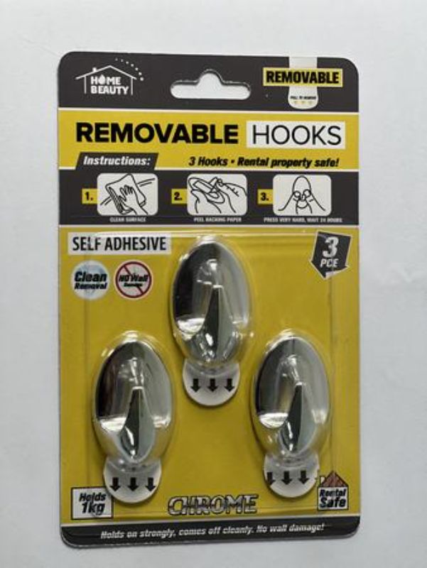Chrome self-adhesive hooks (12 packs) for hanging items, holding up to 1kg each, easy peel-and-stick installation.
