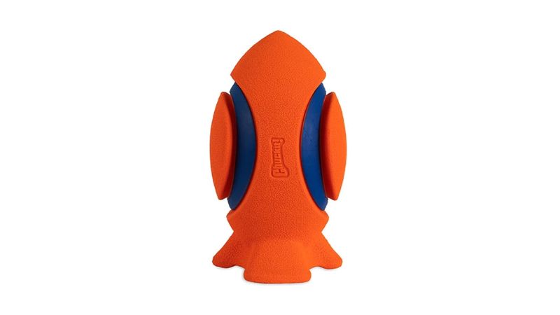 Football-shaped dog toy with built-in tee for easy fetch and patented bite zones for agile retrieval. Lightweight and safe.