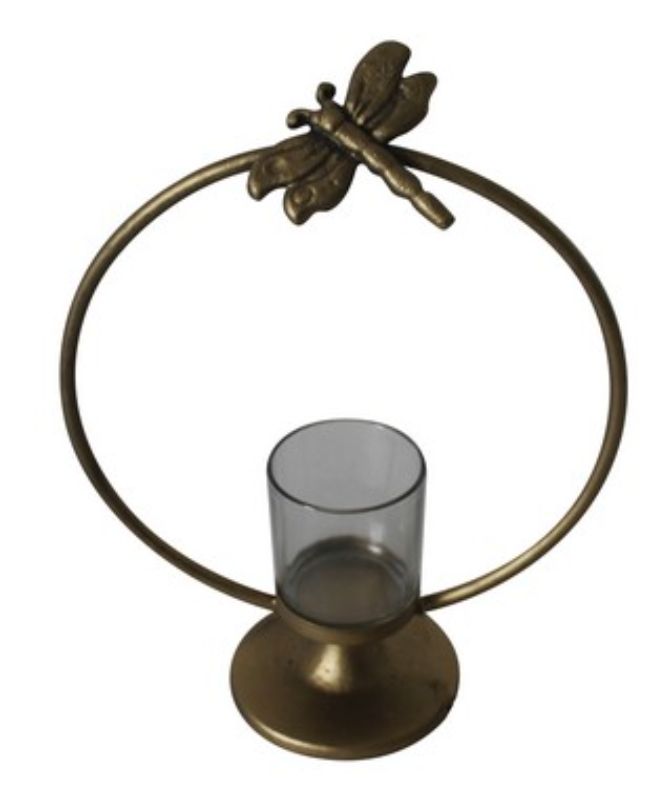 Dragonfly candle holder, 32.5cm tall, intricately designed for tealights and pillar candles, enhancing home decor with charm.