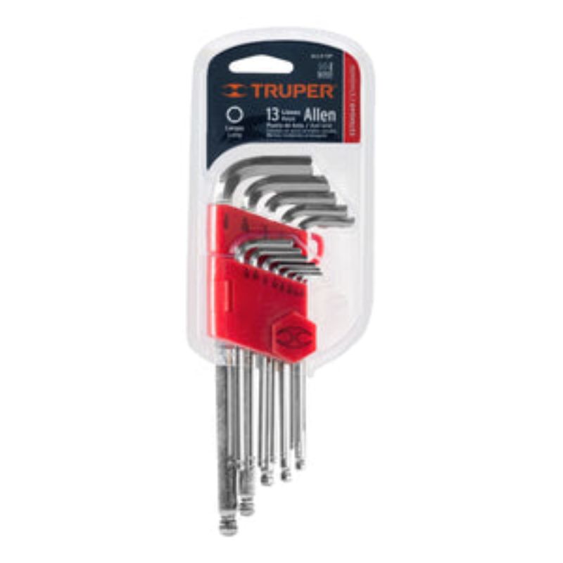 Long Arm Hex Key Set, 13 pieces, chrome vanadium steel, enhanced torque, includes collapsible organizer for easy storage.