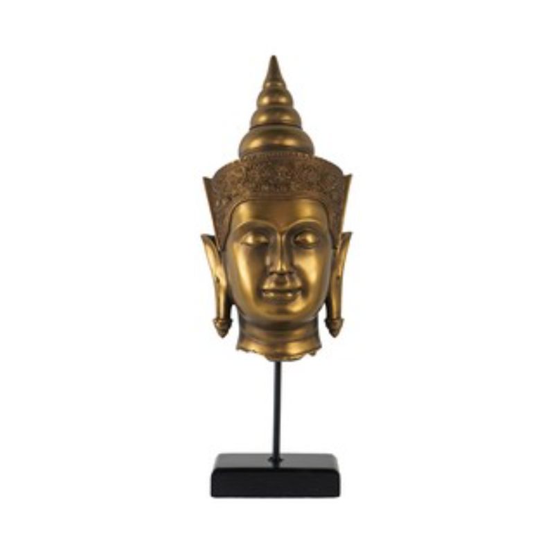 Elegant 50cm Buddha head ornament on iron stand, symbolizing peace, ideal for diverse home decor styles.