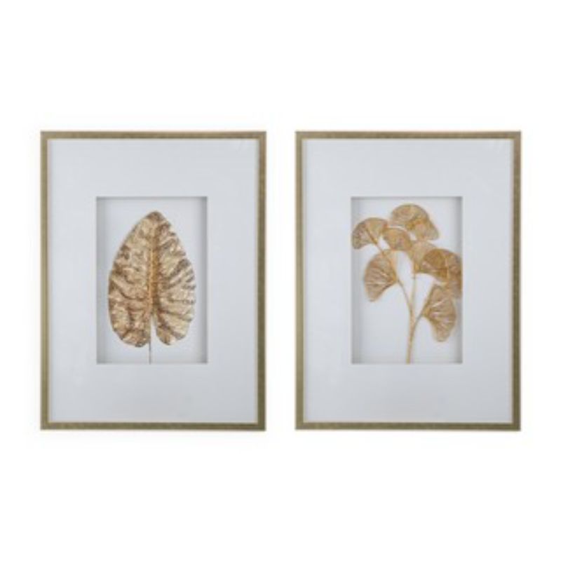 Botanical wall art set of 2 featuring gold elements on a neutral backdrop, perfect for coastal or casual decor.