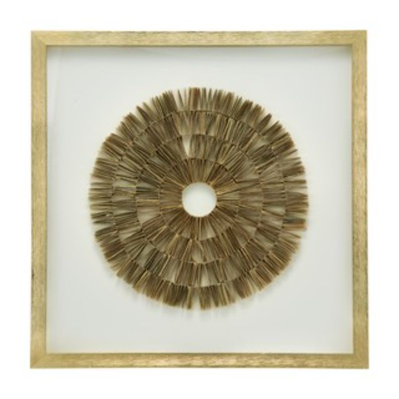 Modern-boho wall art featuring a golden rice paper shadow box in a circular design, framed in elegant gold.