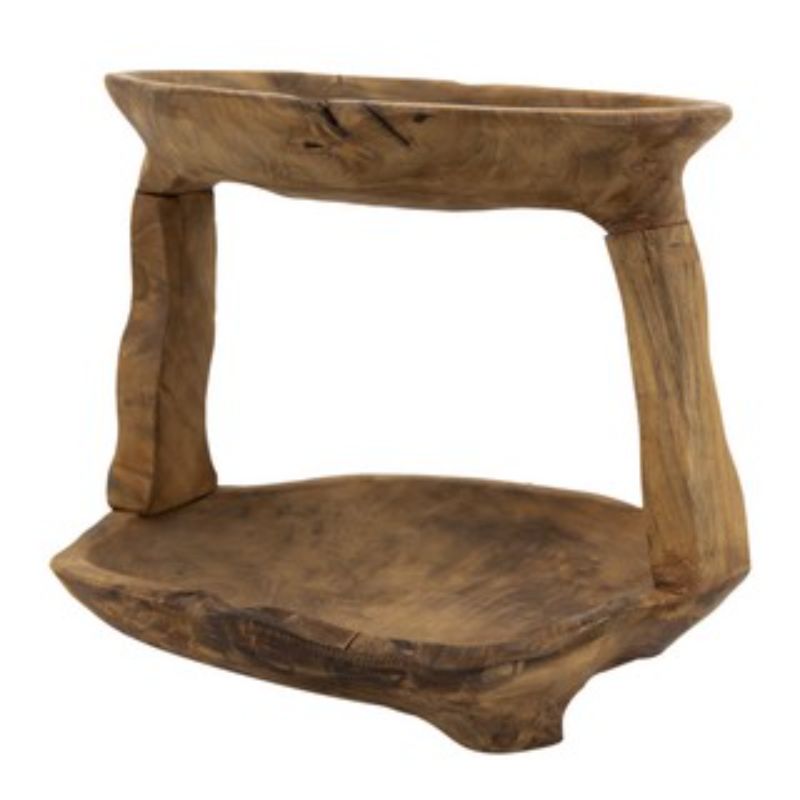 Elegant two-tiered teak tray, crafted from premium teak root; ideal for serving snacks and decor with a touch of sophistication.